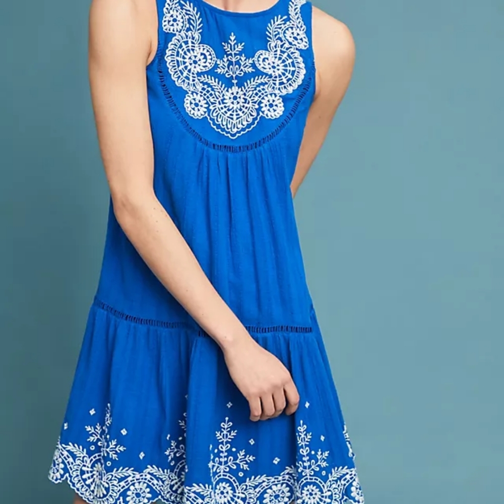 Anthropologie Meadow and Rue blue embroidered cotton boho dress 0
